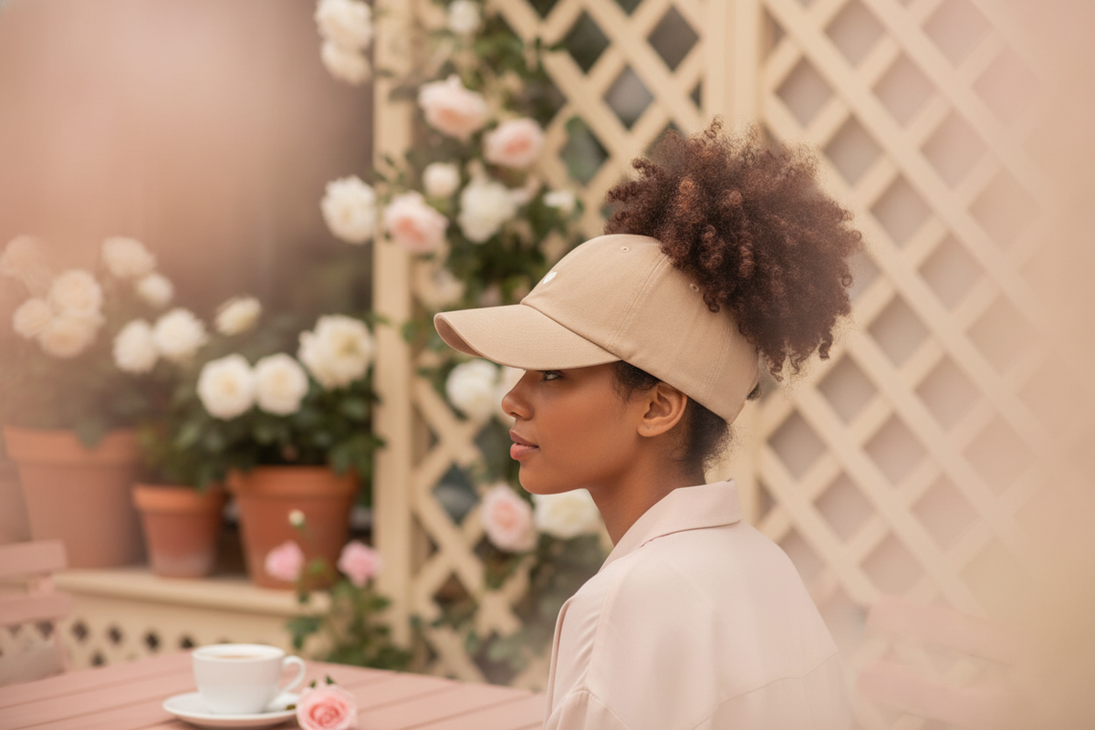 Person wearing a Heart Embroidered High Ponytail Cap with a high ponytail, in a warm, bright outdoor setting with rose and cr